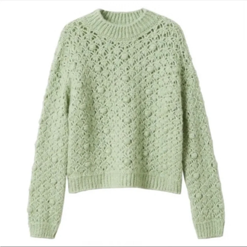 Mango Openwork Knit Sweater Chunky Pom Rounded Neckline Ribbed Trim Pastel Sz XL - Picture 6 of 8